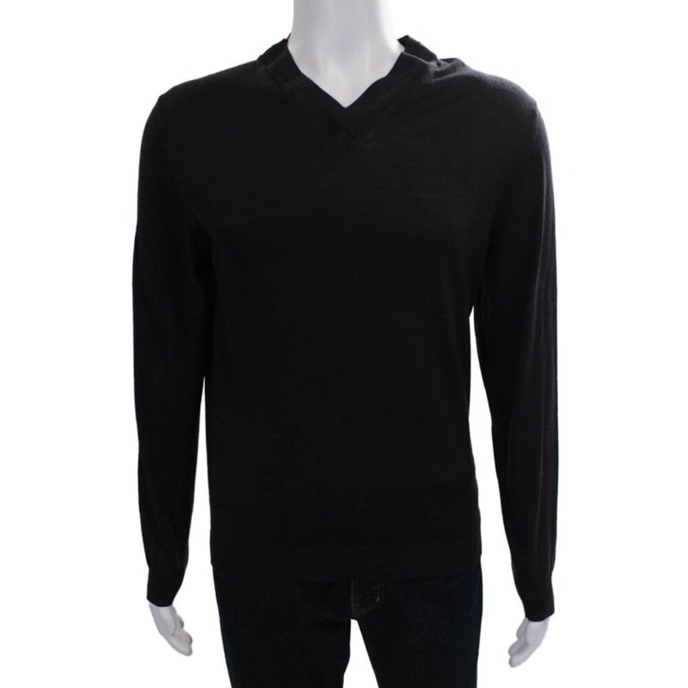 Lanvin Mens Merino Wool V Neck Pullover Black Long Sleeve Size M